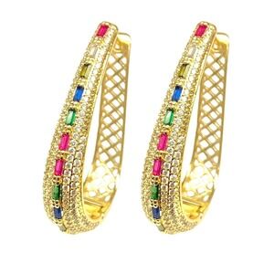 Laminated Gold Tone Hoop Earrings with‎ Rainbow & CZ Accents Statement Jewelry